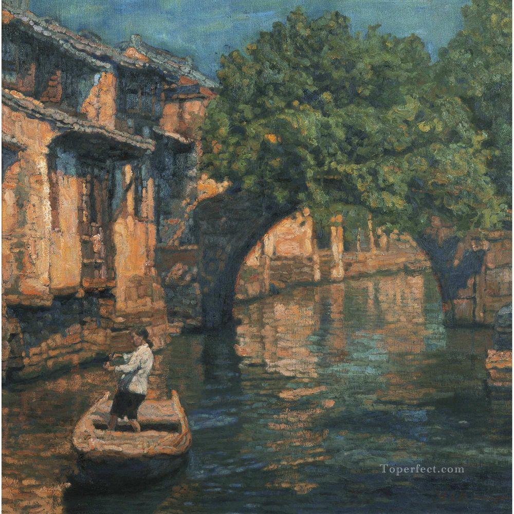 Puente en el paisaje chino de Shanshui con sombra de árbol Pintura al óleo